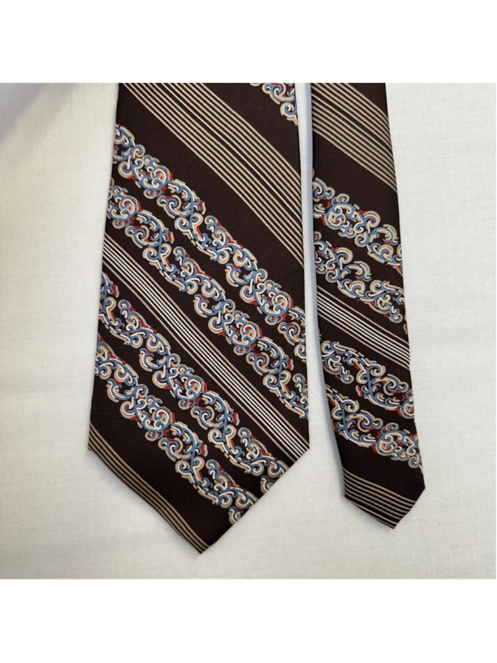 Holland Sherry Men's Silk Necktie Brown Stripe Scrollwork Hand Made Italy - Picture 6 of 7